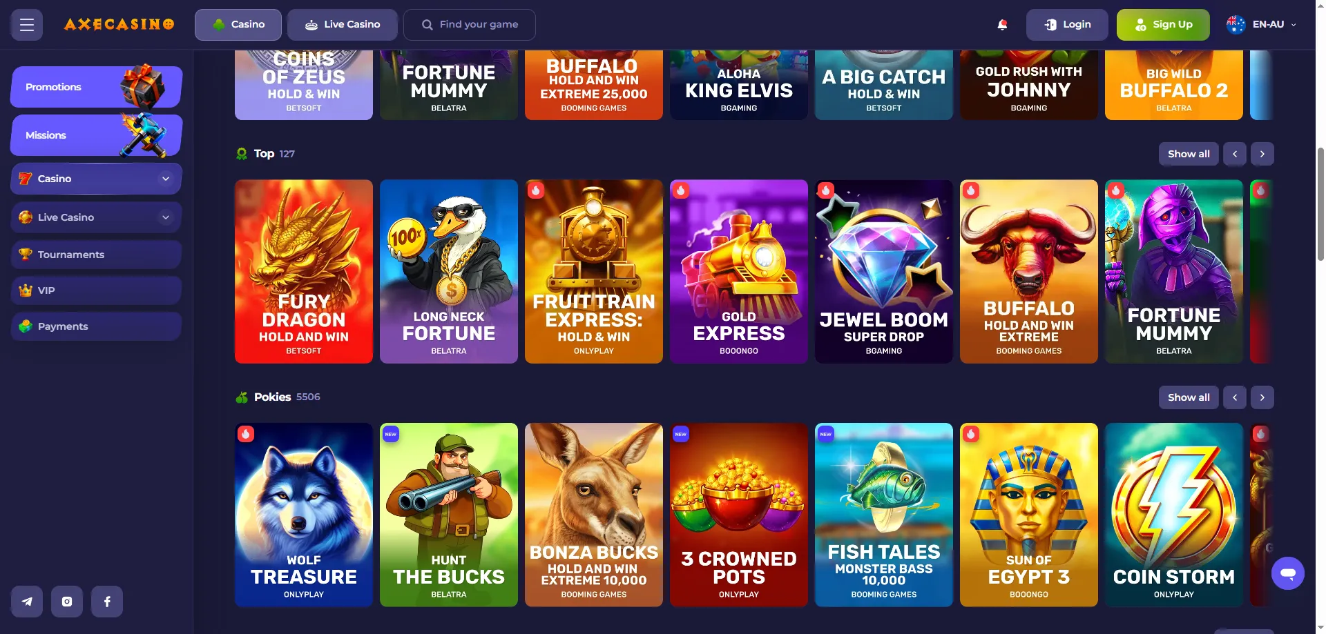 AxeCasino slots lobby